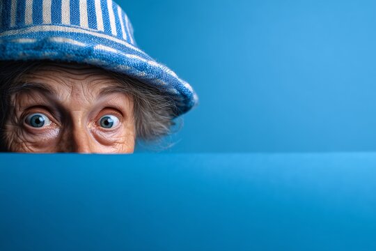 blue eyed woman peeking over blue panel, striped hat and intense expression, humorous concept for bold elder characters