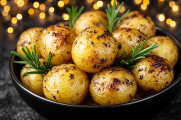 bowl of roasted baby potatoes with rosemary, golden crispy potatoes, holiday food or festive dinner dish
