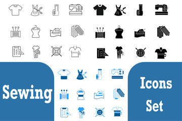 Sewing or tailor line solid icon set. Sewing equipment and needlework, tailor, needlework, dress, stitching, fabric, sewing machine, clothes, measuring tape, wool icons. Vector editable illustration