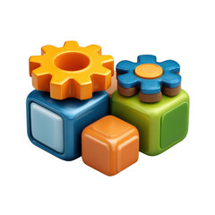 3d colorful gear and cube set isolated on transparent background