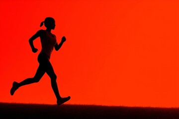 female runner silhouette at sunset, black outline on red background, powerful running theme or marathon campaign