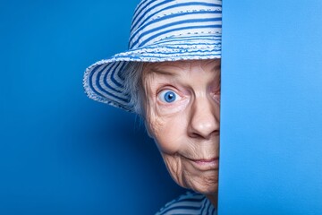 elderly woman peeking playfully, striped hat and blue wall, humorous portrait for age-positive campaigns or creative ads