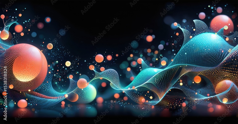 Poster abstract digital artwork. glowing particles, waves, spheres create futuristic scene. dark background