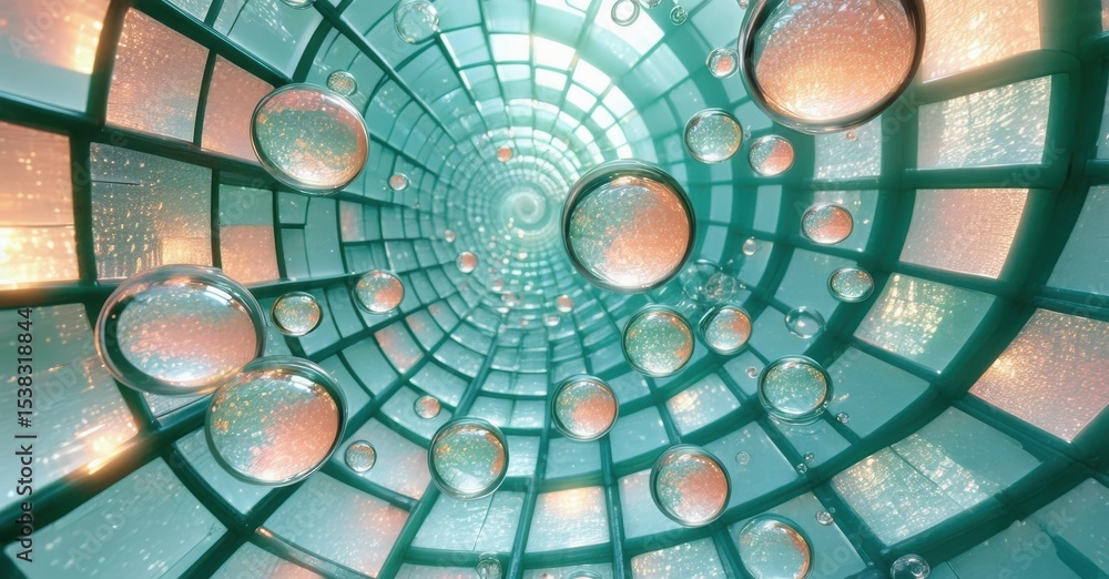 Aufkleber Abstract tunnel view. Bubbles float within geometric structure. Light creates warm, cool tones. Circular patterns dominate composition.