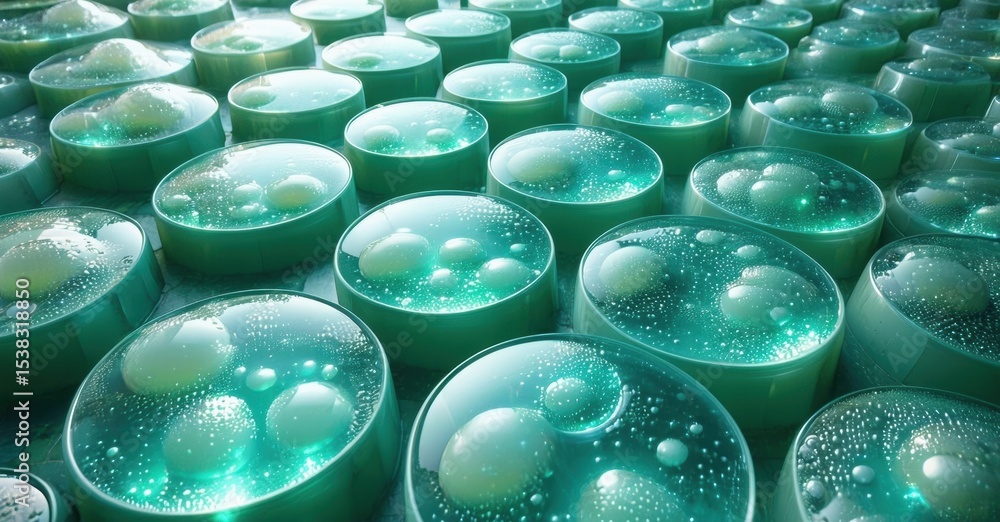Aufkleber Rounded teal structures contain bubbles. Pattern repeats creating textured surface. Light reflects, highlighting liquid within forms.