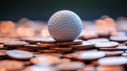 Golf ball atop a pile of coins.