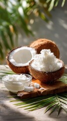 coconut oil on background half coconut and palm leaf