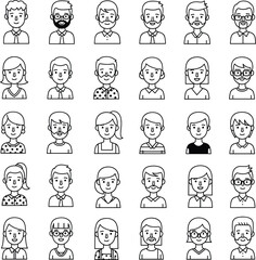 Set of black and white avatar icons featuring diverse male and female characters, cartoon profile illustrations, minimal line style for social media and identity design