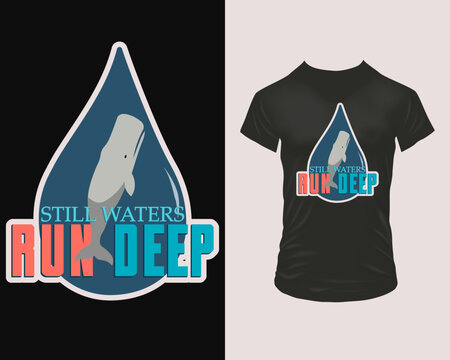 Vector on dark tee: stylised whale in teal-blue droplet, retro gradient text “RUN DEEP” pops coral-red. Perfect gift for sailors, ocean activists, college wear or motivational poster.