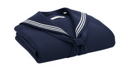 Navy blue folded shirt features white striped sailor collar, evokes nautical, clean style.