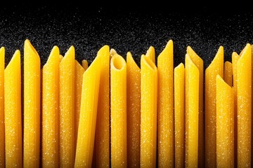Fototapeta premium penne pasta closeup with flour, raw pasta vertical alignment, concept for food preparation or product showcase