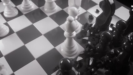Dramatic clash of chess pieces as white bishop strikes black king, shattering it in slow-motion close-up. - Powered by Adobe