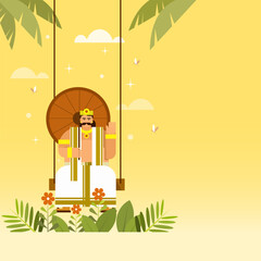 Mythological king 'Mahabali' sitting in a swing. Concept of Onam festival in Kerala