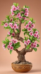 Pink Blossom Bonsai Tree in Woven Pot on Peach Background