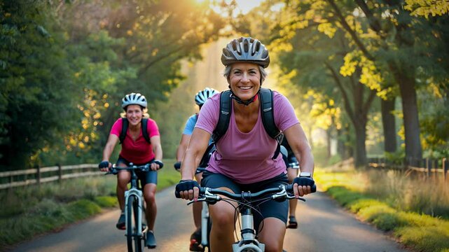 Senior woman cycling in countryside with friends during golden hour, happy group activity, fitness and freedom outdoors, summer lifestyle - Generative AI