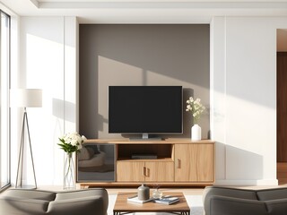 Fototapeta premium Modern Living Room Interior Mockup with TV Cabinet, Lamp, Table, and Indoor Plants