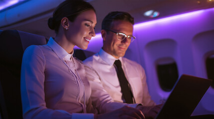 A woman and a man are sitting next to each other on a plane, looking at a laptop