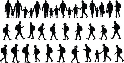 Silhouette of walking families, parents with children holding hands, individuals walking with backpacks, diverse family groups in motion, active lifestyle, healthy family bonding, outdoor activity.
