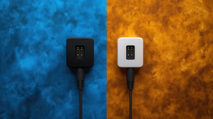 Two contrasting electrical plugs on textured blue and orange backgrounds, highlighting differences in design and color.