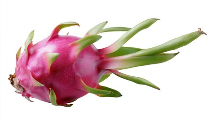 Vibrant dragon fruit with unique green spikes resting on a white background
