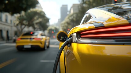 A yellow electric car is charging on a city street, with another yellow car driving ahead in the urban background.