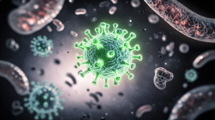 Glowing Green Virus Particle in Translucent Fluid Surrounded by Organic Debris Symbolizing Transmission of Hepatitis A