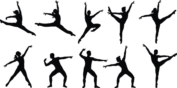 Silhouette dancers in various poses performing, ballet and contemporary dance movements, artistic figures in action, graceful body movements, and dynamic dance illustrations concept
