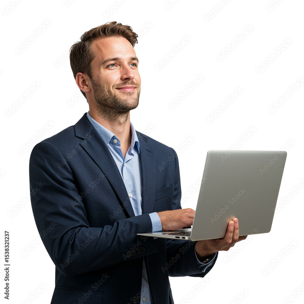 Poster businessman using laptop computer isolated on transparent background