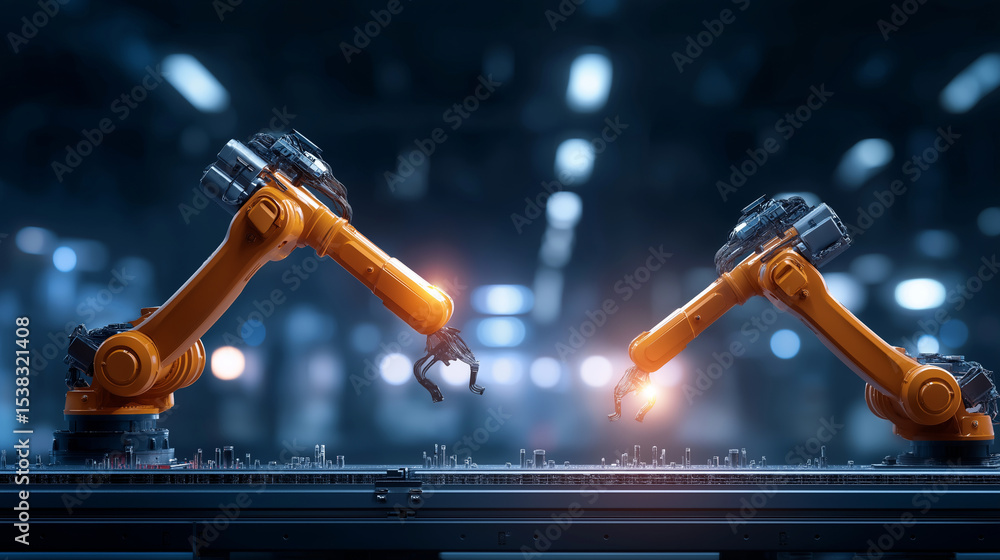 Poster robot arms in an intelligent factory with ai monitoring screens