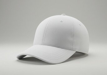 Close up of a plain white baseball cap on display