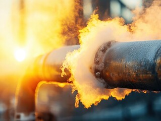 A metal pipeline emits steam or gas with bright sunlight in the background, suggesting industrial activity or a possible leak.