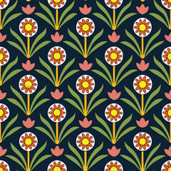Seamless pattern with retro style flowers and tulips