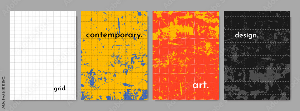 Poster vector illustration. grid pattern with scratched texture background. set of flat style backdrops. de