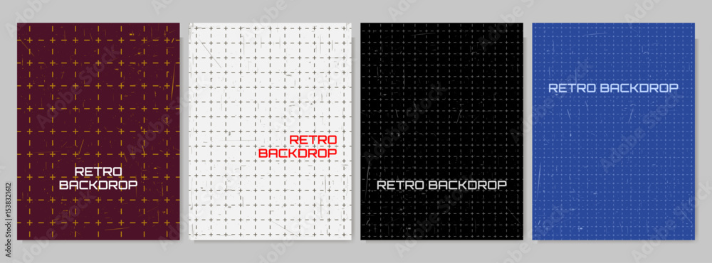 Poster vector illustration. grid pattern of dashed line with scratched texture background. set of flat styl
