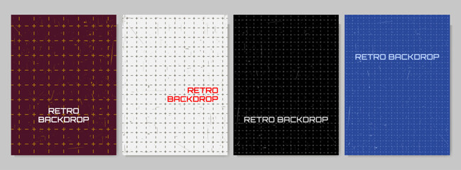 Naklejka premium Vector illustration. Grid pattern of dashed line with scratched texture background. Set of flat style backdrops. Design elements for poster, cover, gift card, flyer, social media, marketing, ad.