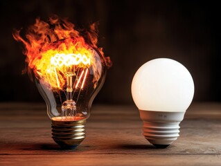 A fiery incandescent bulb sits next to a modern LED bulb on a wooden surface, symbolizing the contrast between old and new lighting technologies.
