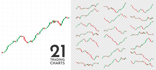 Vector illustration. Set of trading charts and graphs. Element for design poster, gift card, advertising, social media, business card. Stock market or crypto concept. Global financial system