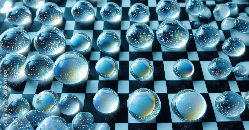 Poster Glass spheres rest upon checkered surface. Blue tones dominate, creating reflective, abstract composition. Light plays across rounded forms.