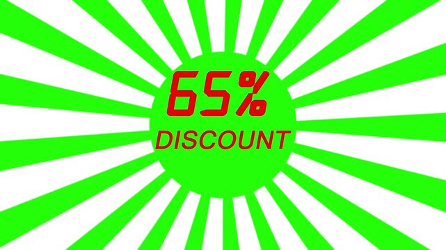 A vibrant promotional animation featuring “65% Discount” text with a green background and white radial burst raysThe energetic motion instantly grabs viewer attention for discount events or sales.