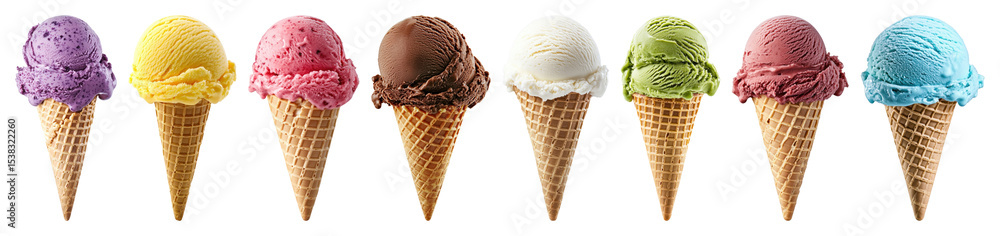 Poster png row of colorful ice cream cones in various flavors element set on transparent background.