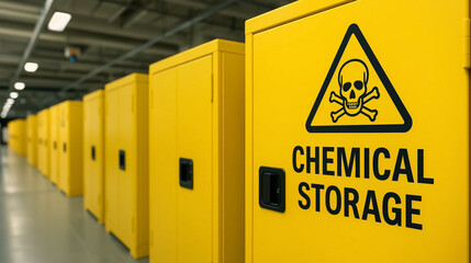 Toxic dangerous chemical storage cabinet in industrial warehouse representing safety hazard control and chemical management in workplace environment