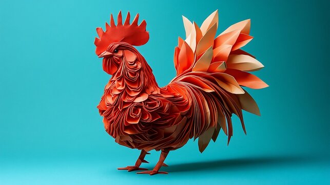 3D paper rooster, vibrant colors - Powered by Adobe