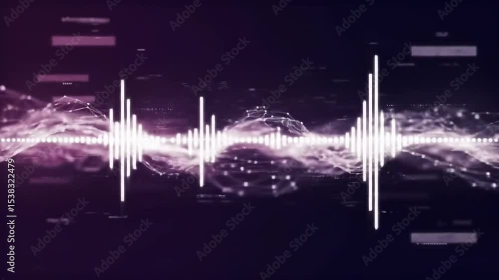 Poster abstract white waveform overlaid on purple backdrop with networked dots and lines for audio and digi