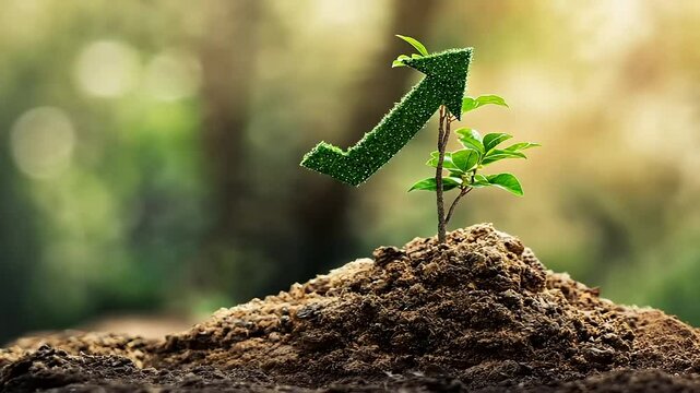 Green plant growing from soil with upward arrow symbolizing growth and prosperity in nature