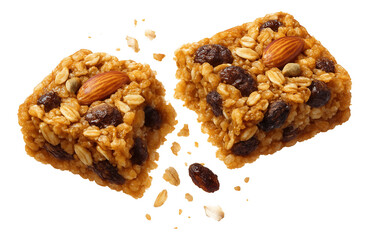 A broken granola bar with oats, almonds, raisins, and pumpkin seeds, crumbling into pieces.