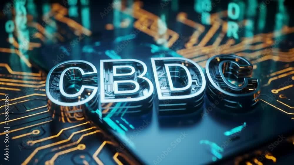 Poster cbdc concept with digital circuit board background in neon glowing visuals