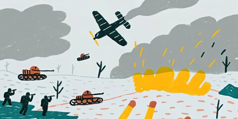 A cartoon style depiction of a war scene with soldiers tanks and an airplane flying