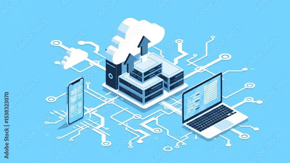 Poster cloud computing isometric illustration with laptop server and mobile devices connected on a sky blue