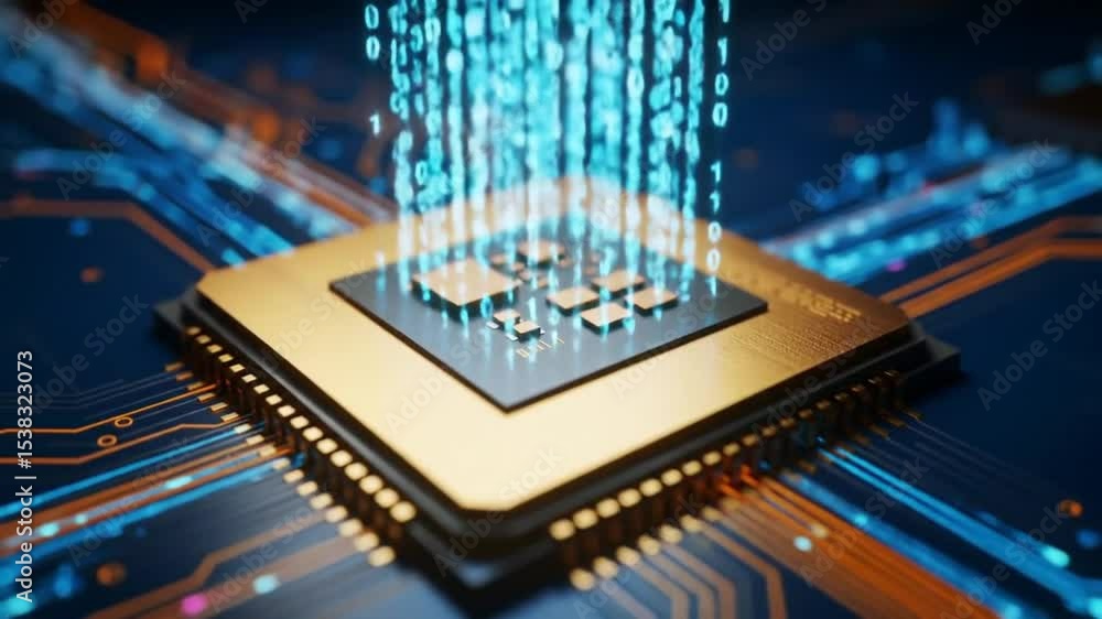 Poster close up of microchip with blue binary code streams on printed circuit board in blue color for digit