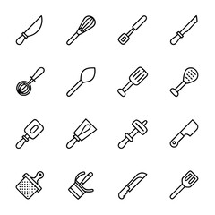 Black outlines create a minimal collection of kitchen utensils arranged on a white background